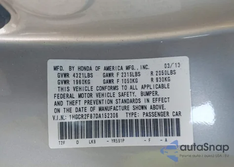 2013 Honda Accord Ex-L from USA, damaged, VIN 1HGCR2F87DA152306
